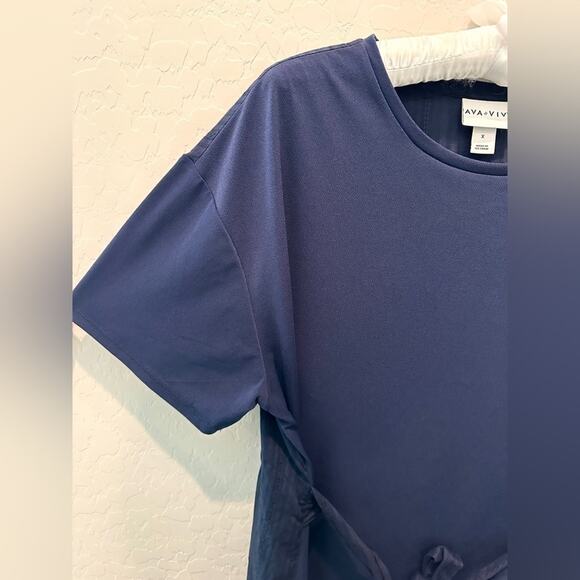 AVA & VIV | Navy Blue Mixed Fabric Knit Blouse Tie Front Short Sleeve Top | 14 - Picture 3 of 6